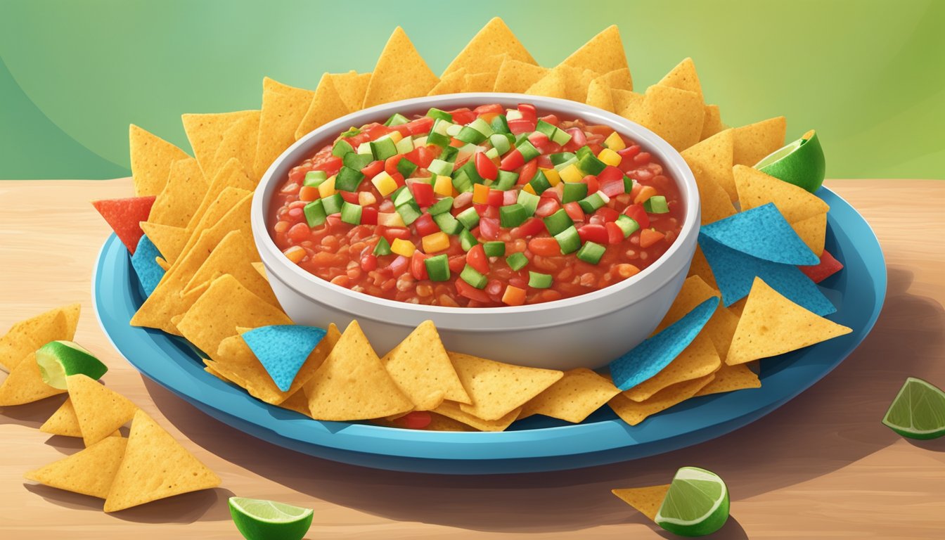 A bowl of Tostitos salsa sits surrounded by colorful tortilla chips on a festive serving platter, ready to be enjoyed at a lively party