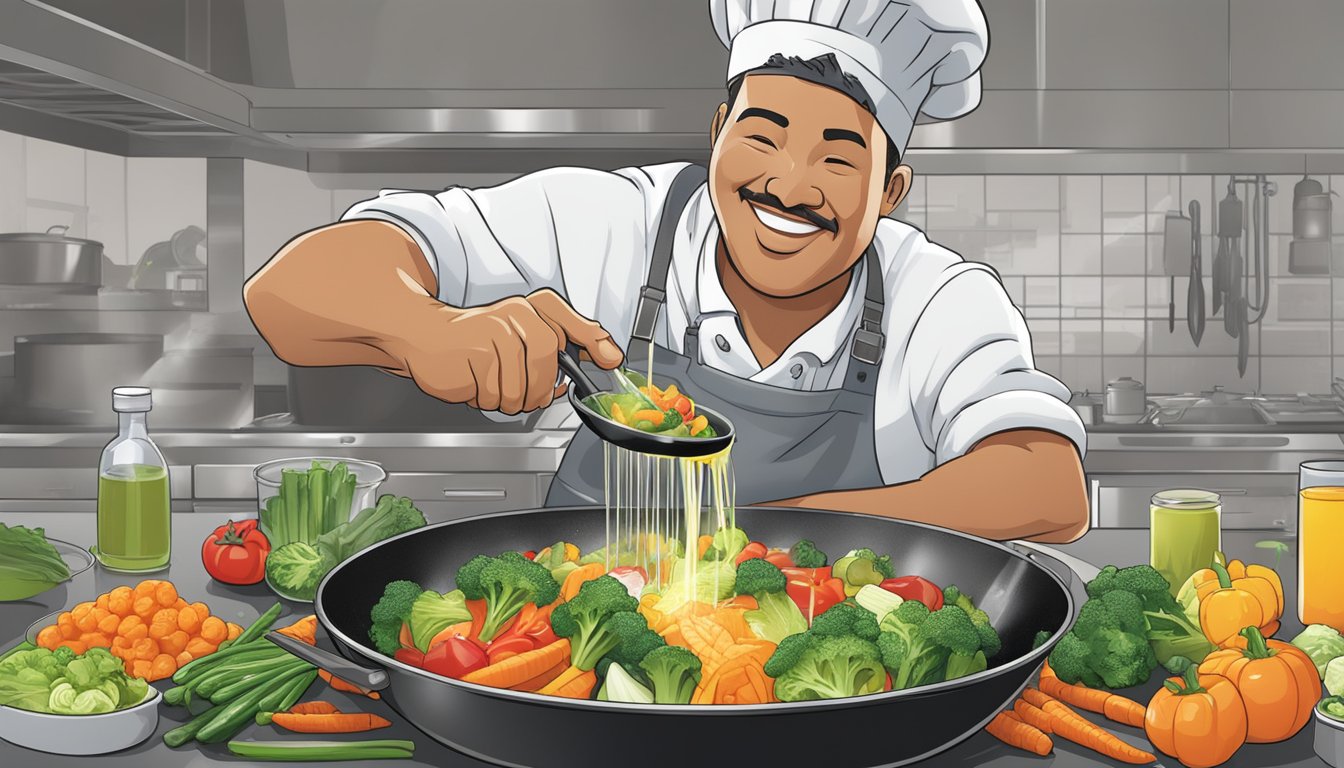 A chef pours Gatorade into a sizzling skillet of stir-fry vegetables, infusing the meal with electrolytes and flavor