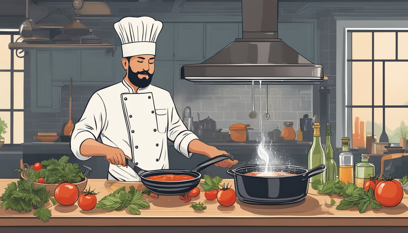 A chef pouring vodka into a sizzling pan with tomatoes and herbs, creating a flavorful sauce