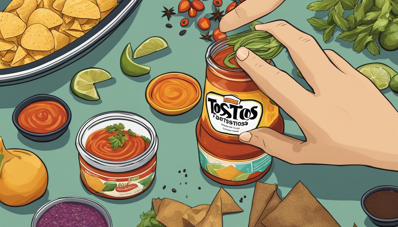 A hand reaching for a jar of Tostitos salsa, surrounded by various spices and ingredients on a kitchen counter