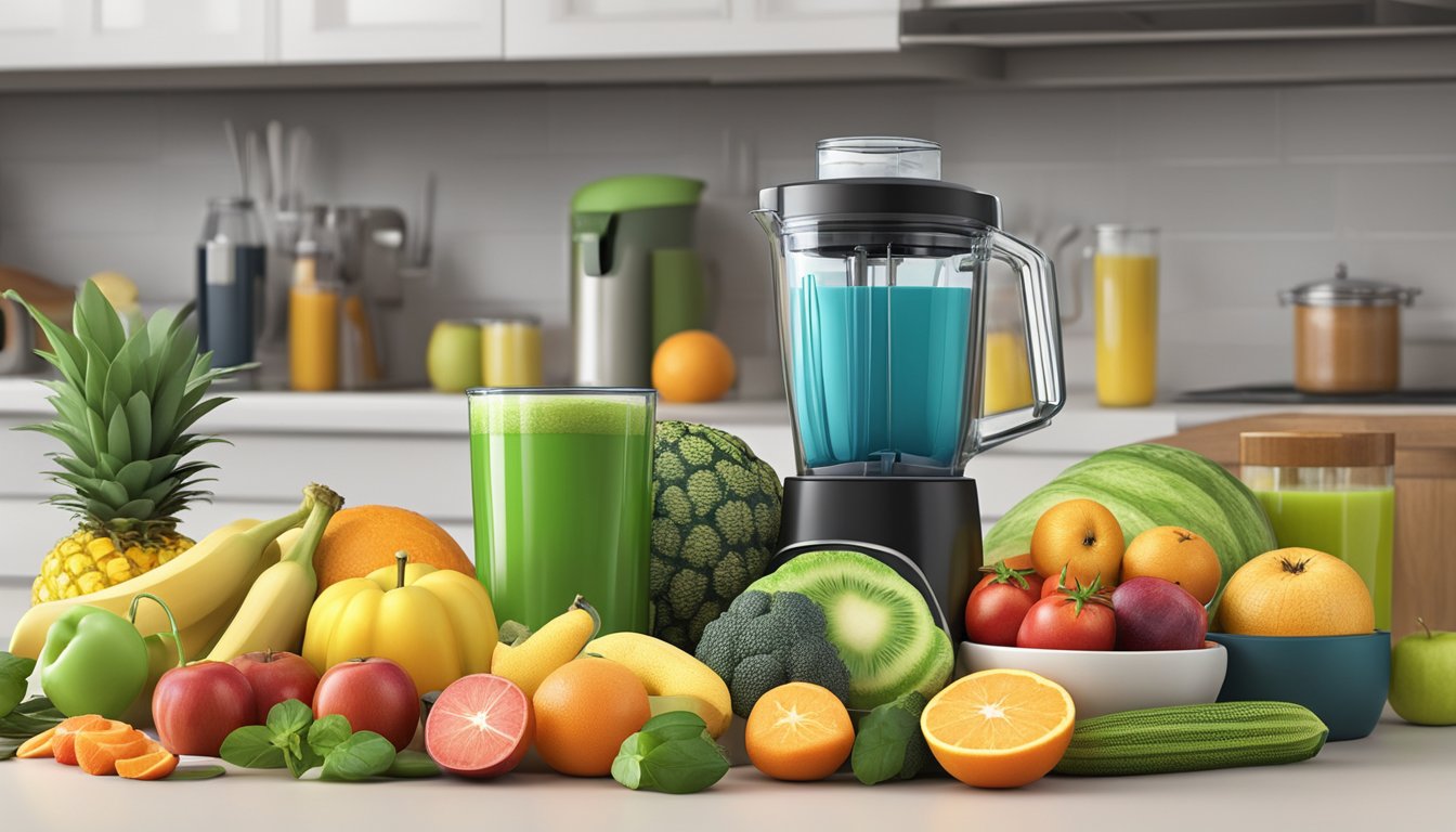 A colorful array of fruits, vegetables, and sports drinks arranged on a kitchen counter, with a blender and various cooking utensils nearby