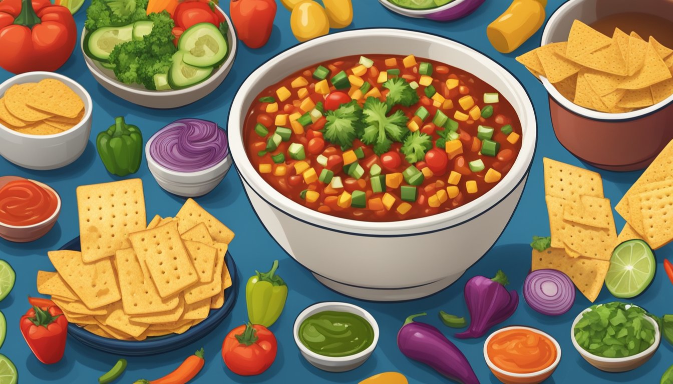 A bowl of Tostitos salsa surrounded by an array of colorful vegetables, chips, and crackers, ready to be dipped into the flavorful sauce at a party