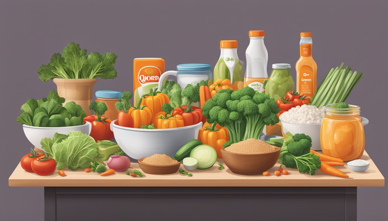 A kitchen counter with various Quorn meatless products, surrounded by fresh vegetables and cooking utensils