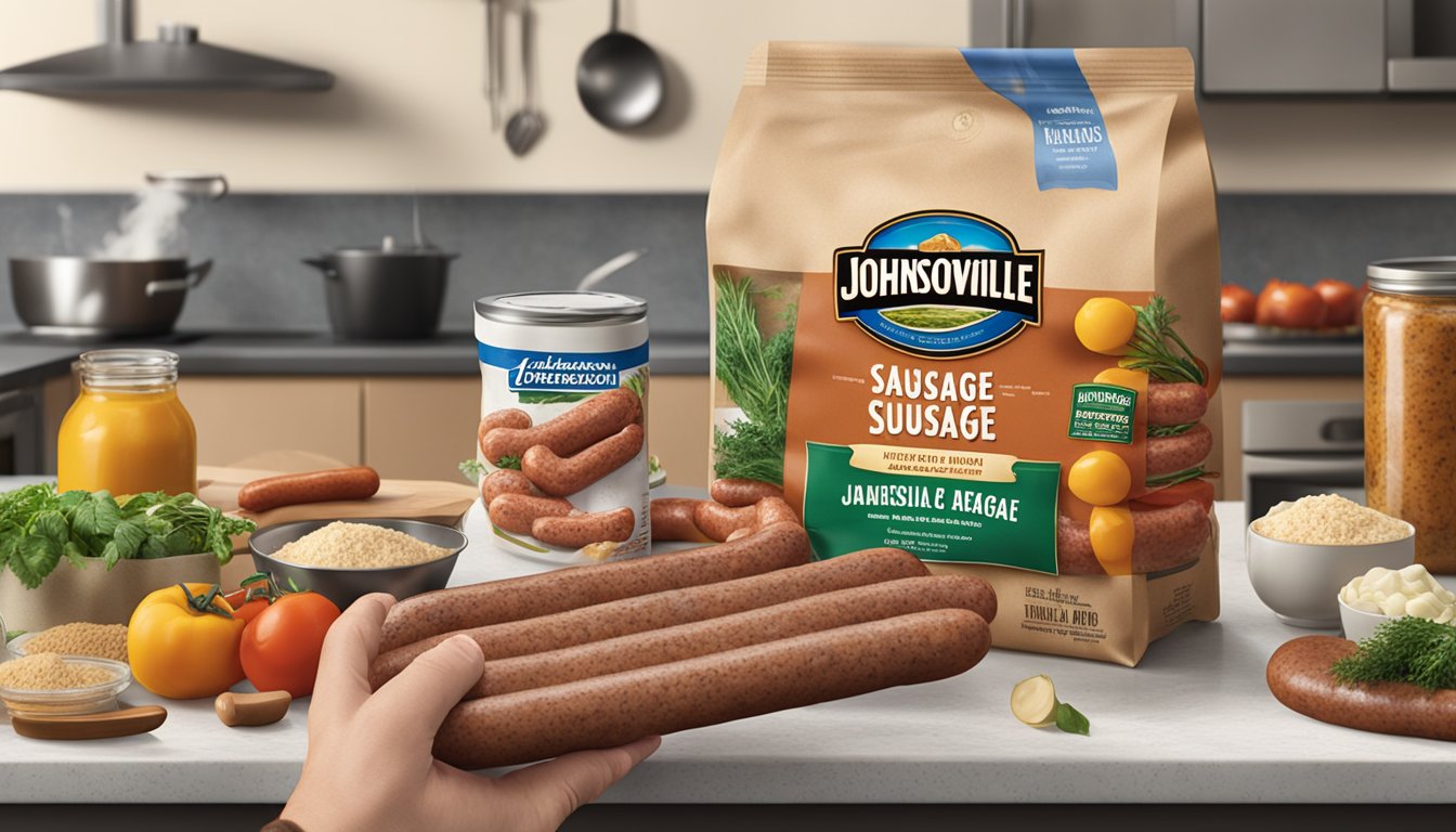 A hand holding a package of Johnsonville Italian sausage, surrounded by various cooking ingredients and utensils on a kitchen counter