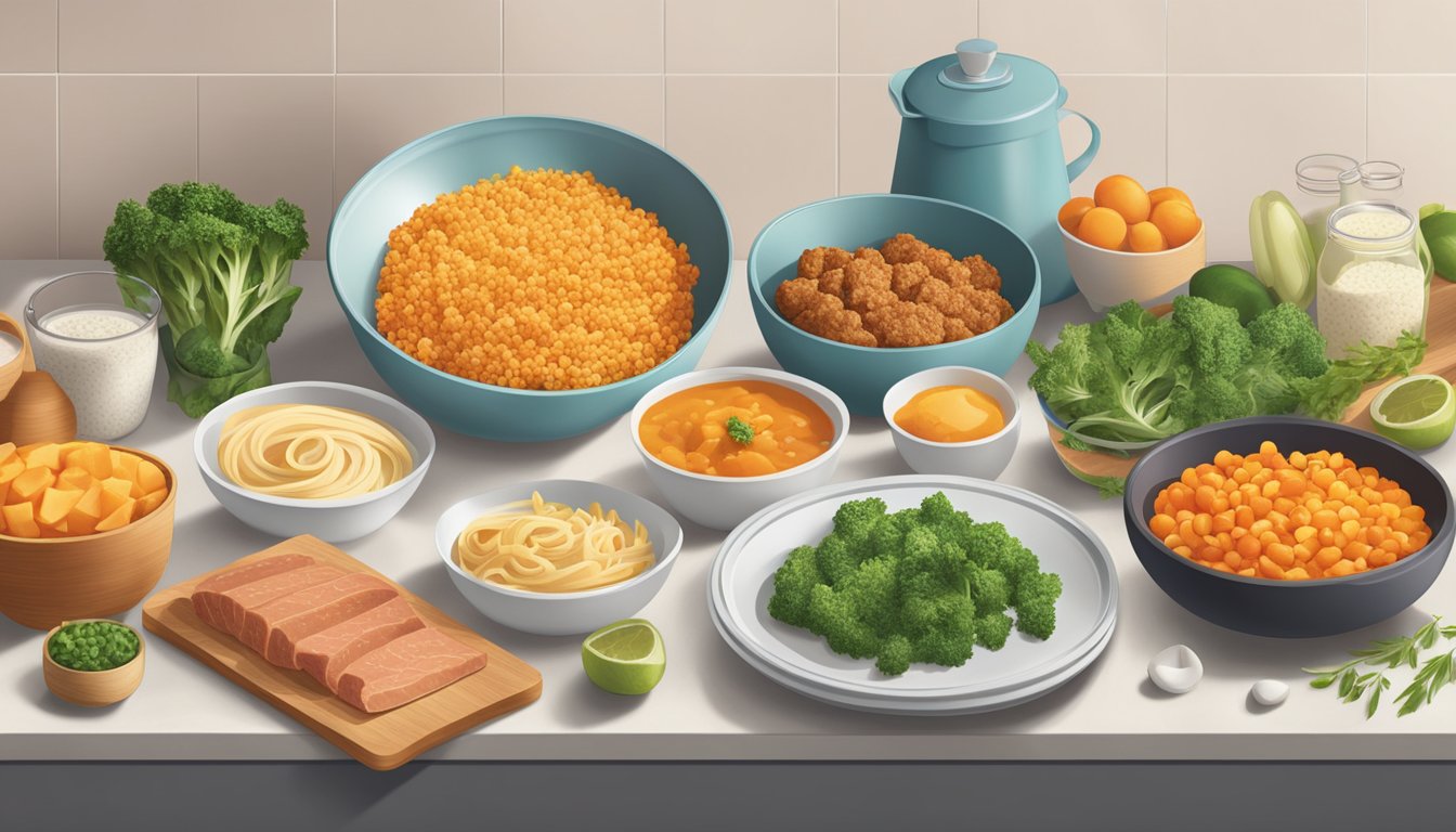 A kitchen counter with various Quorn meatless products and ingredients laid out for cooking