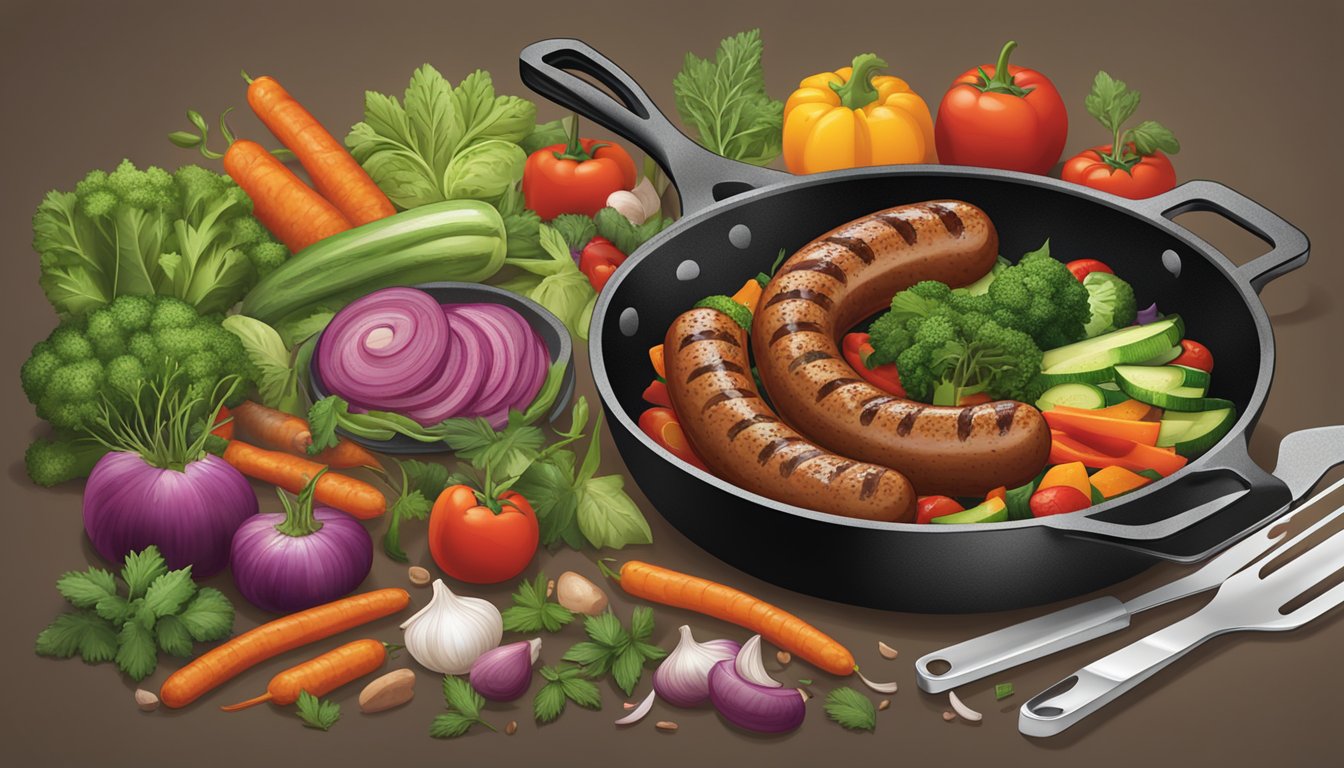 A sizzling Johnsonville Italian sausage cooking in a skillet, surrounded by vibrant vegetables and herbs. A pair of tongs is flipping the sausage