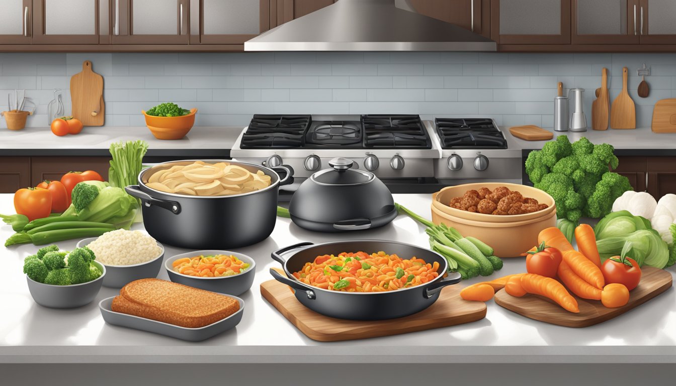 A kitchen counter with various Quorn meatless products and fresh vegetables, a stove, and cooking utensils