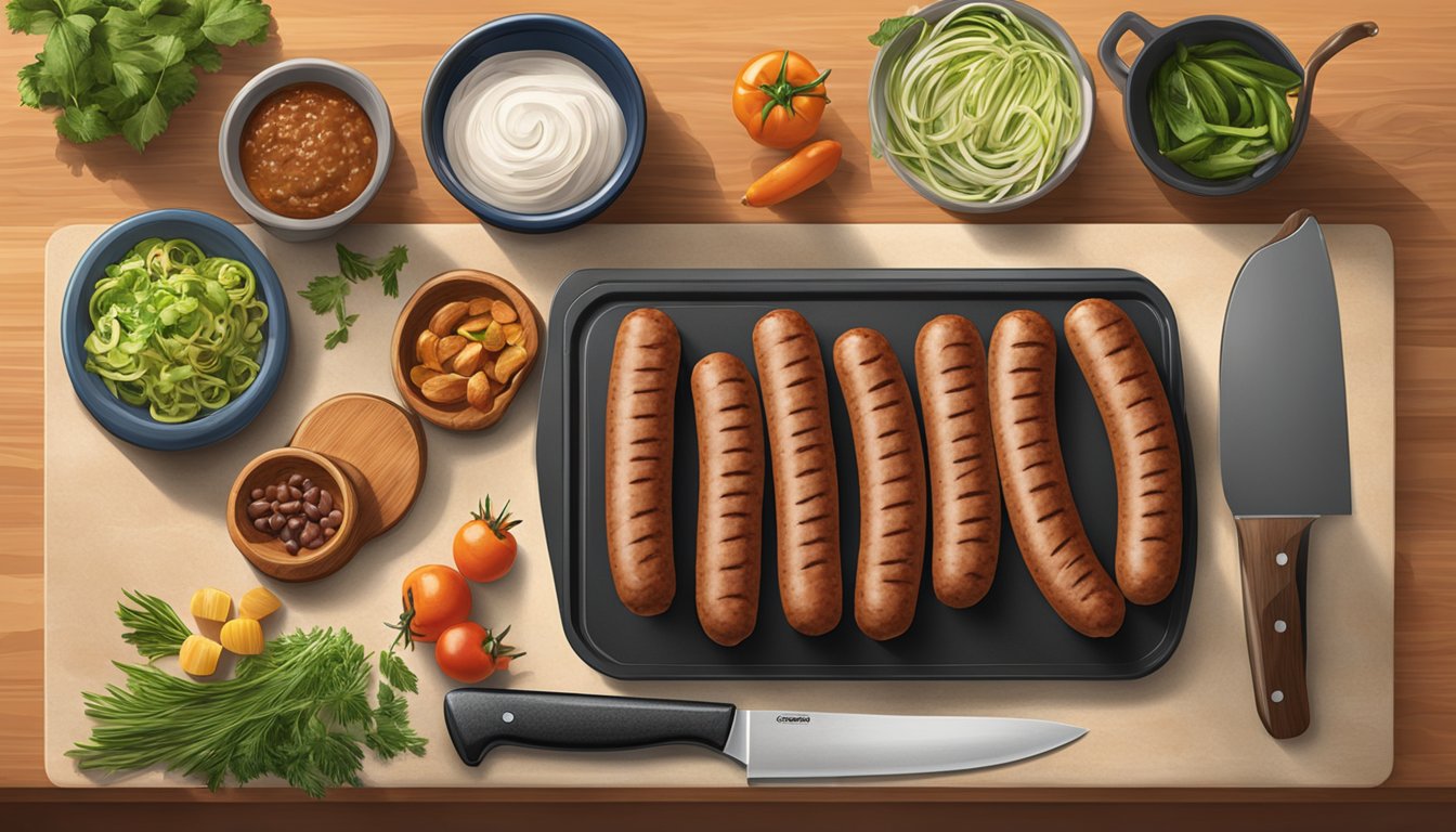 A kitchen counter with Johnsonville Italian sausages, cutting board, knife, and various ingredients for cooking