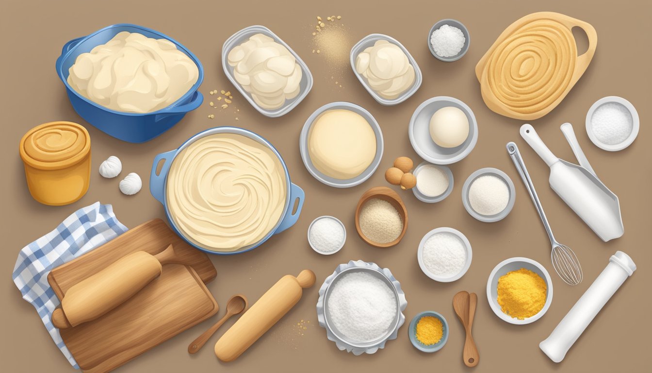 A kitchen counter with Pillsbury dough, a rolling pin, and various baking ingredients spread out for preparation