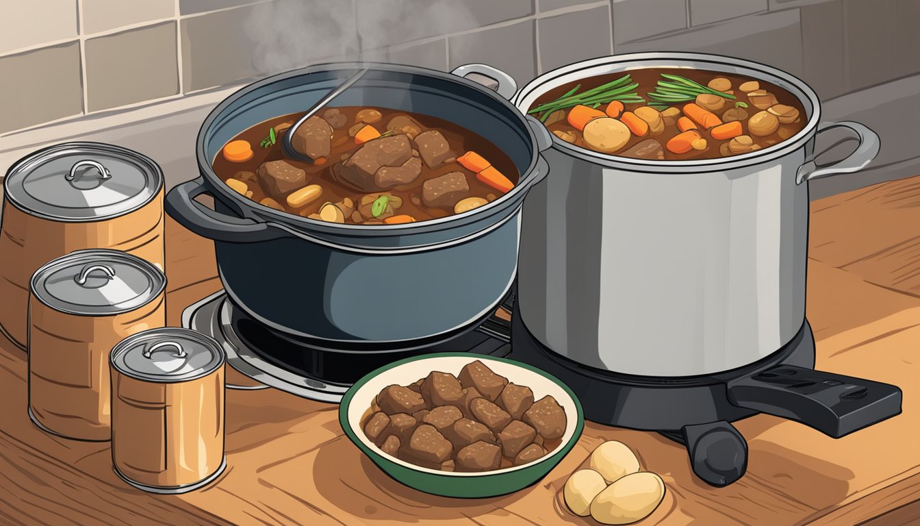 A pot on a stove, filled with Dinty Moore stew, surrounded by cans of beef, potatoes, and carrots. A wooden spoon stirs the simmering mixture