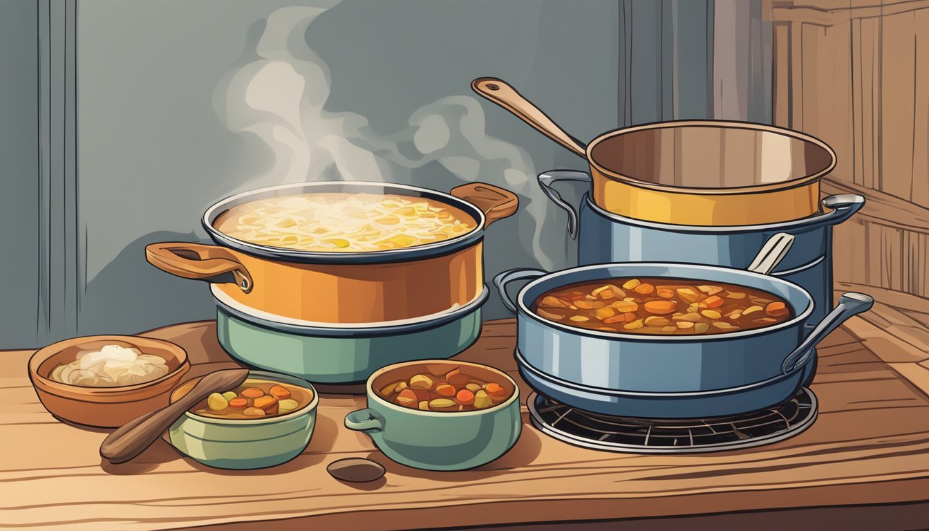 A pot simmering on a stove, a can of Dinty Moore stew, a wooden spoon, and a bowl ready to be filled with the hearty meal