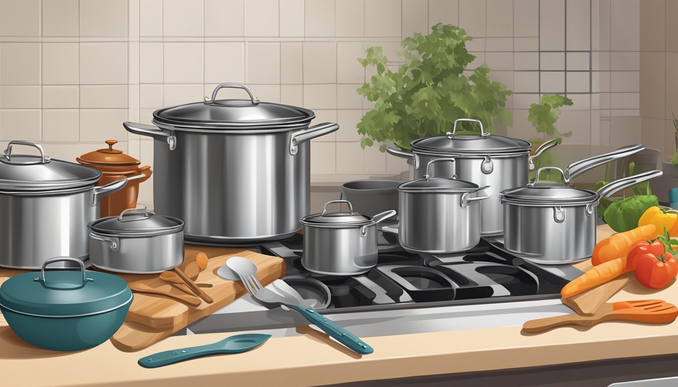 A kitchen counter with open cans of Dinty Moore stew, various cooking utensils, and a pot on the stove