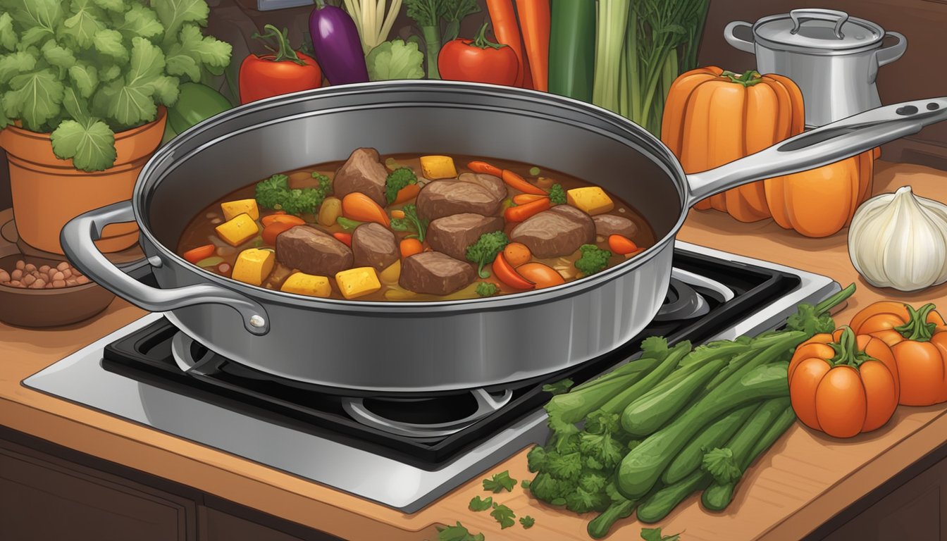 A pot of Dinty Moore stew simmering on a stovetop, surrounded by fresh vegetables, herbs, and cooking utensils