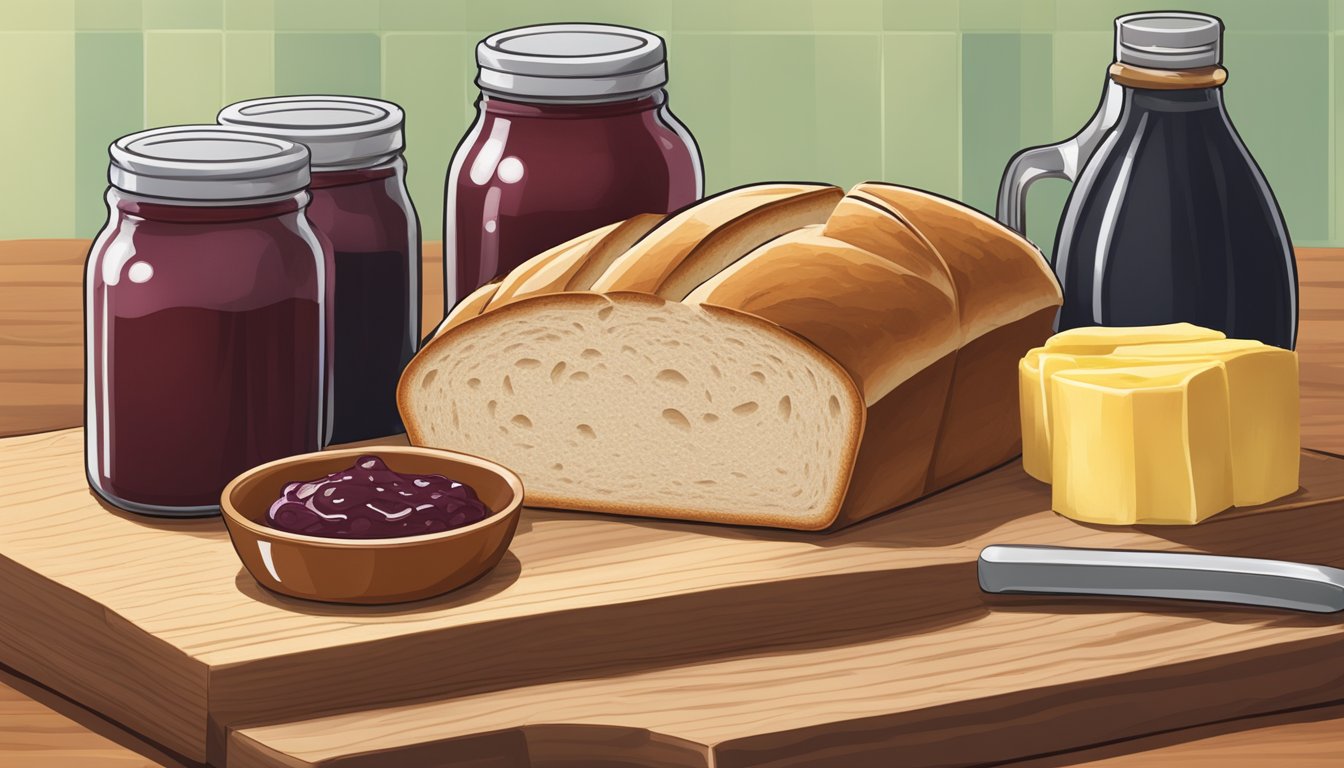 Aunt Millie's bread slices arranged on a wooden cutting board, surrounded by a jar of homemade jam, a block of butter, and a toaster