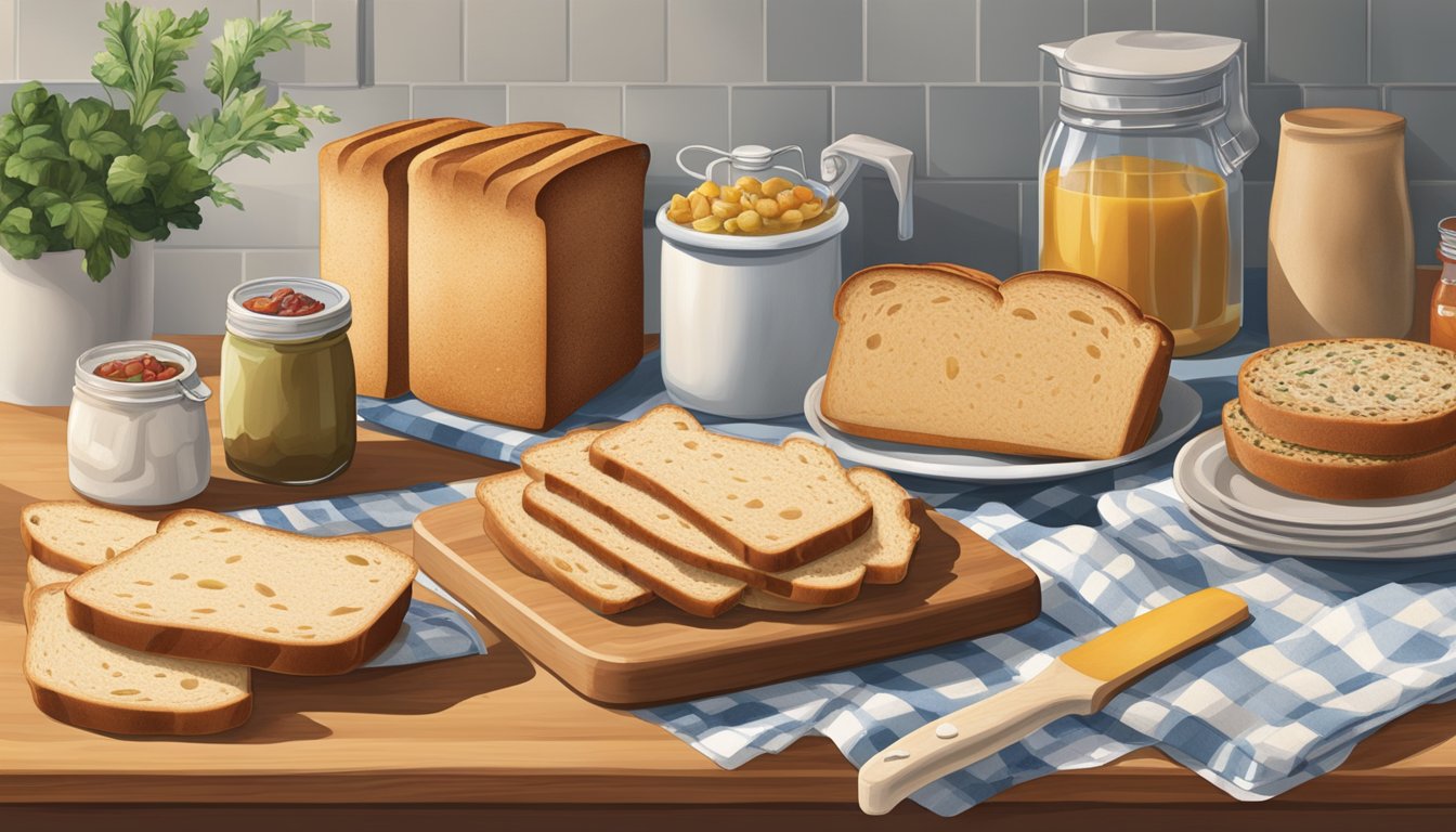 Aunt Millie's bread slices arranged on a cutting board, a toaster, and various spreads and toppings laid out on a kitchen counter