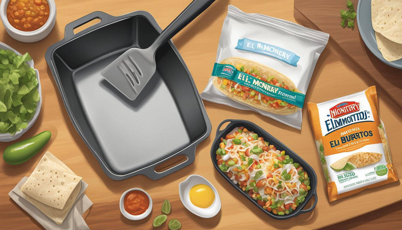 A kitchen counter with a skillet, spatula, and package of El Monterey frozen burritos. Ingredients and cooking utensils are neatly arranged