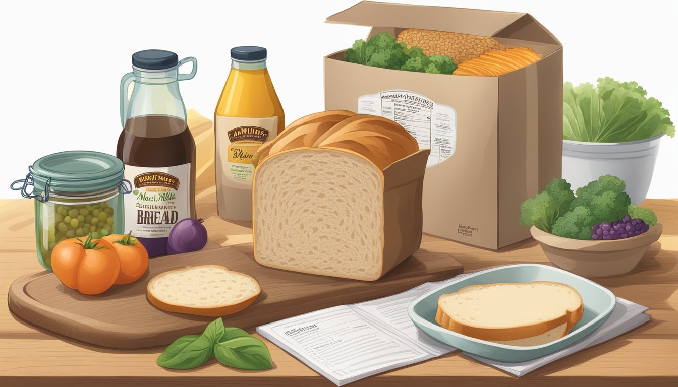 An open bag of Aunt Millie's bread surrounded by fresh ingredients and a recipe book, with a focus on the nutritional information and health considerations