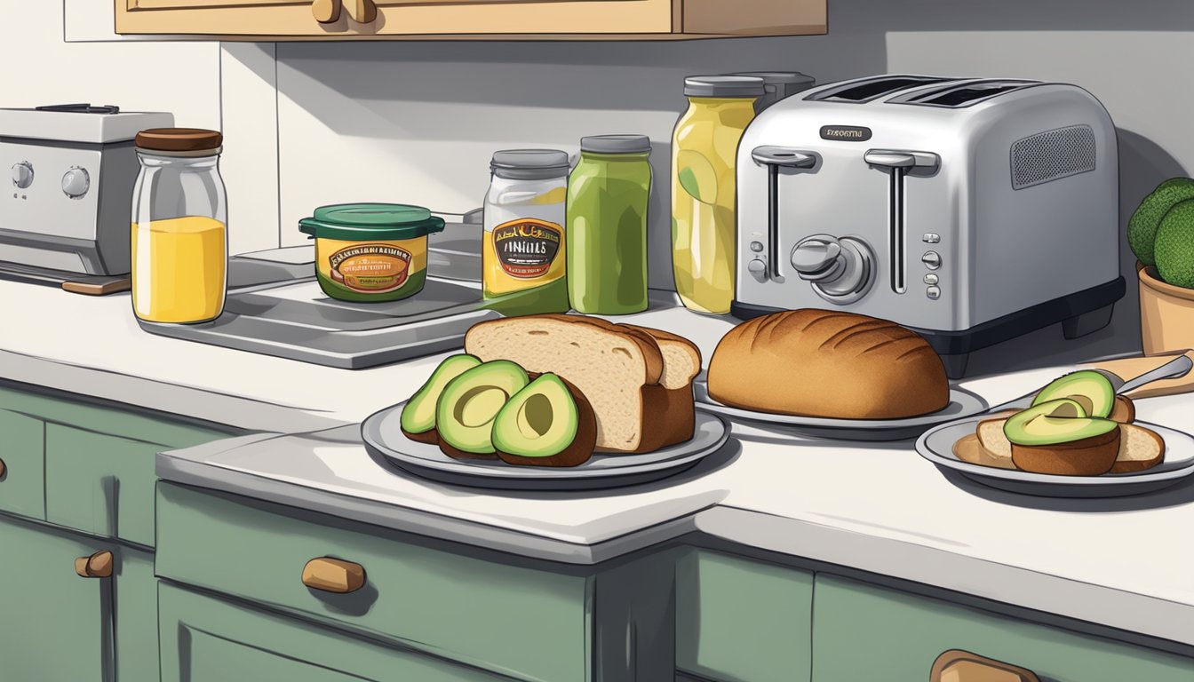 A kitchen counter with a loaf of Aunt Millie's bread, a toaster, and various toppings like jam, butter, and avocado