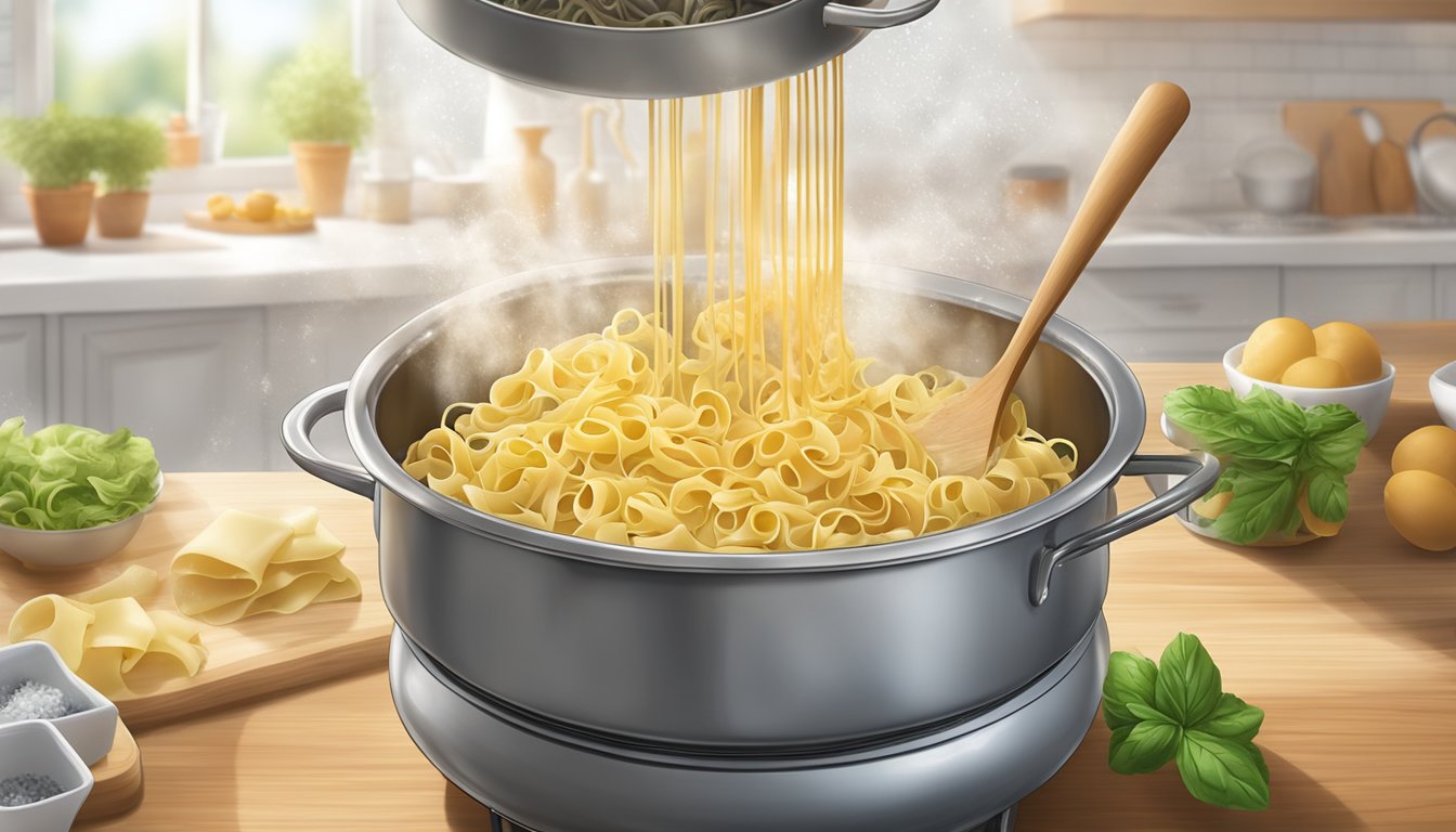 A pot of boiling water with various types of Buitoni fresh pasta being dropped in. Steam rising