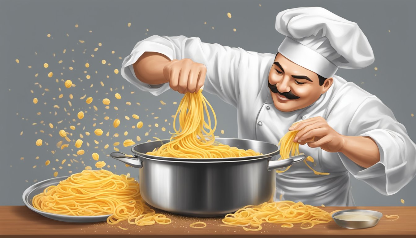 A chef drizzles sauces and sprinkles seasoning onto a pot of boiling Buitoni fresh pasta