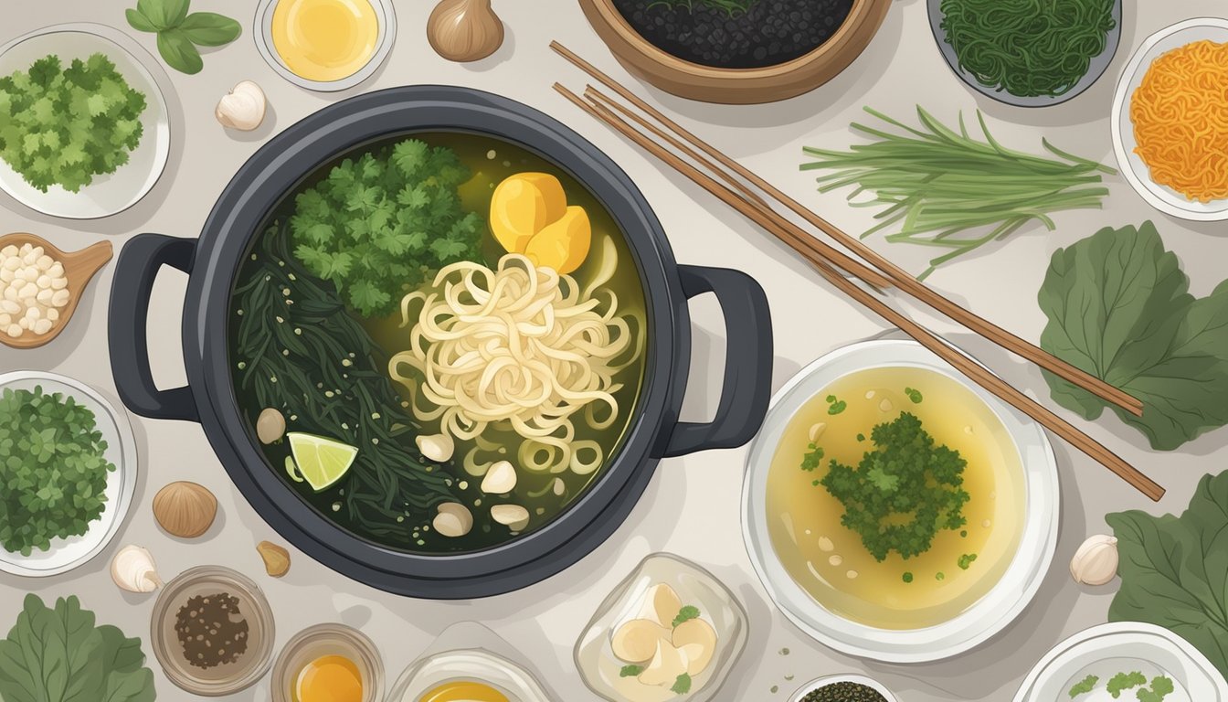 A pot of simmering broth with wakame seaweed, surrounded by various seasonings and flavor enhancers such as soy sauce, ginger, and garlic