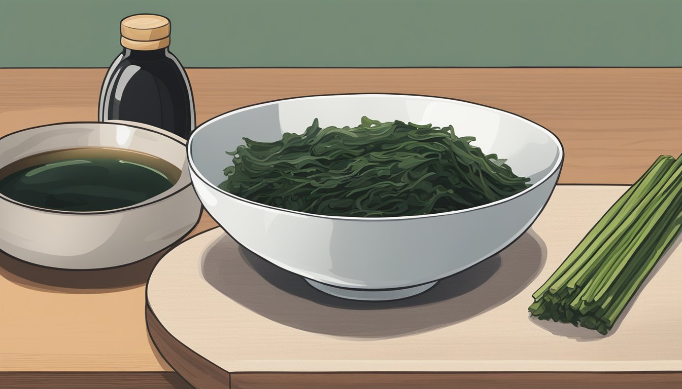 A bowl of dried wakame sits next to a pot of boiling water, a pair of chopsticks ready to stir. A cutting board displays sliced vegetables and a bottle of soy sauce