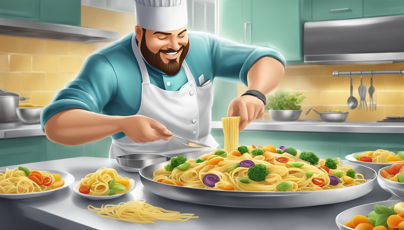 A chef places a steaming plate of Buitoni fresh pasta with vibrant, colorful toppings on a sleek, modern serving dish