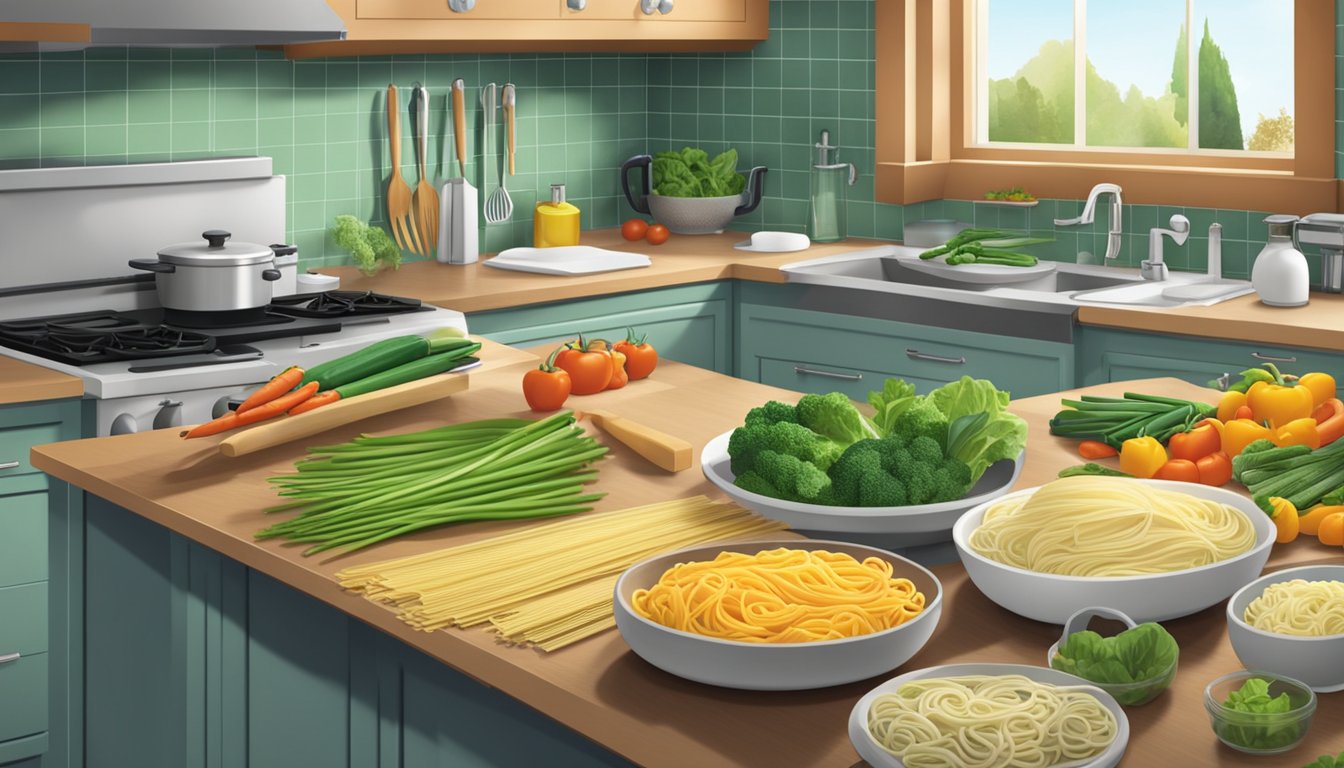 A clean, organized kitchen with fresh Buitoni pasta, vegetables, and a variety of cooking utensils on the counter