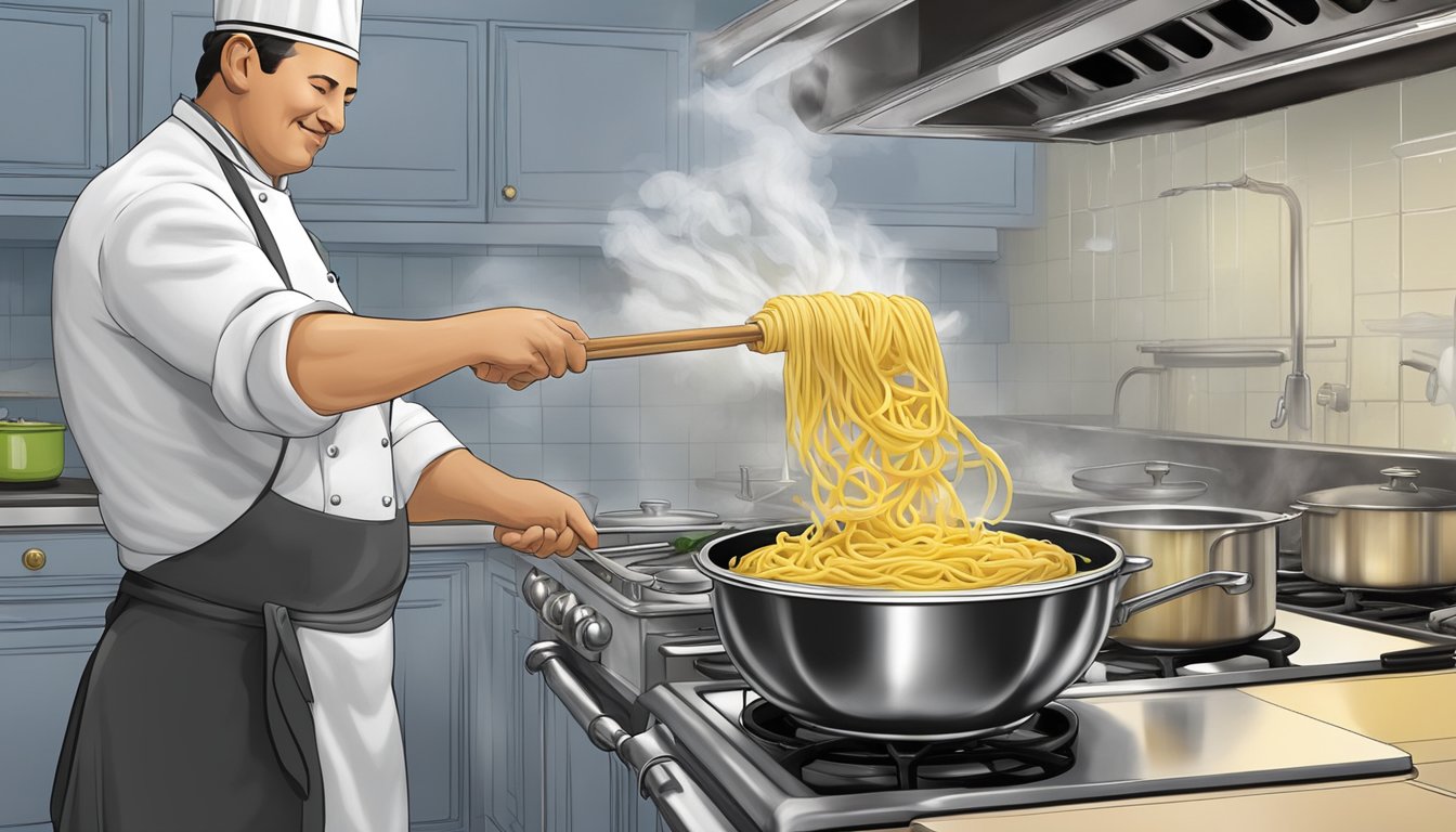 A chef adds Buitoni fresh pasta to a pot of boiling water, stirring gently as it cooks to perfection. The steam rises from the pot, filling the kitchen with the aroma of delicious pasta