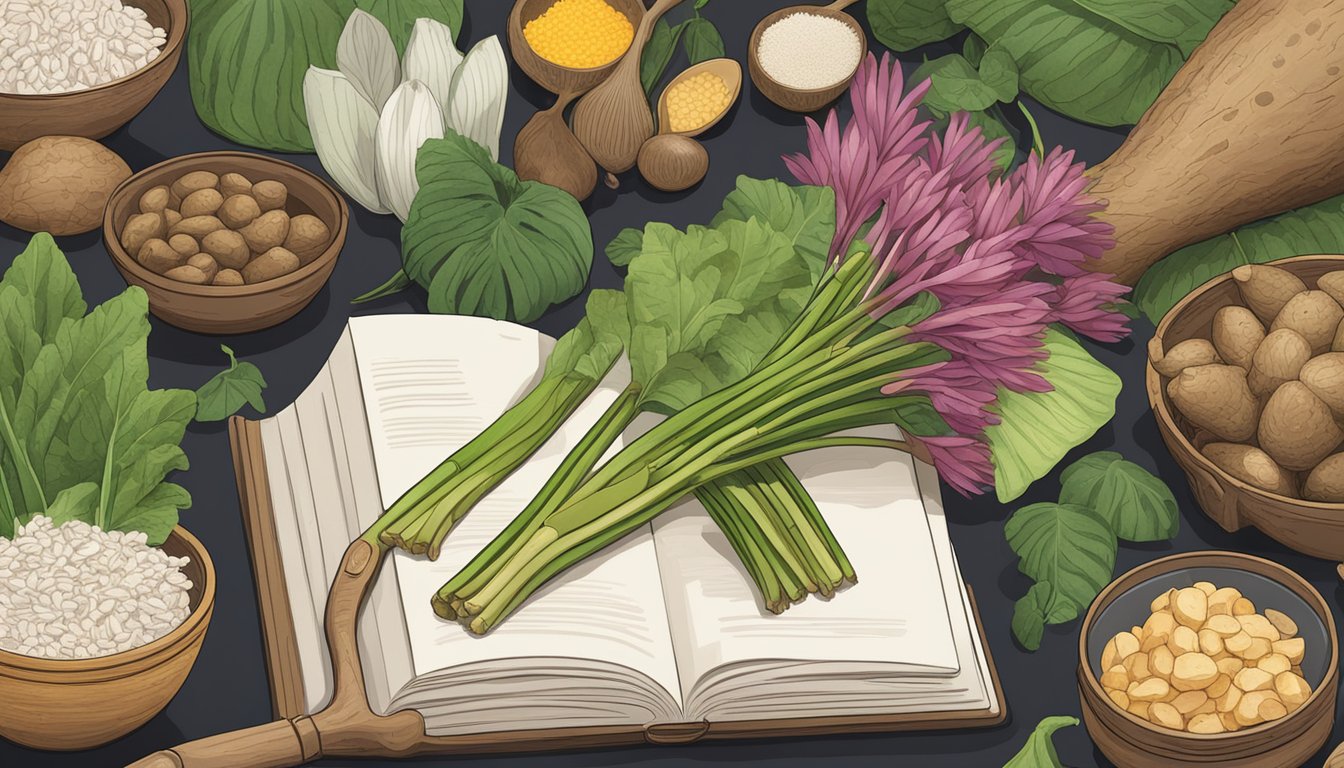 A pile of yautia taro roots surrounded by various ingredients and cooking utensils, with a recipe book open to a page on how to cook with yautia taro root