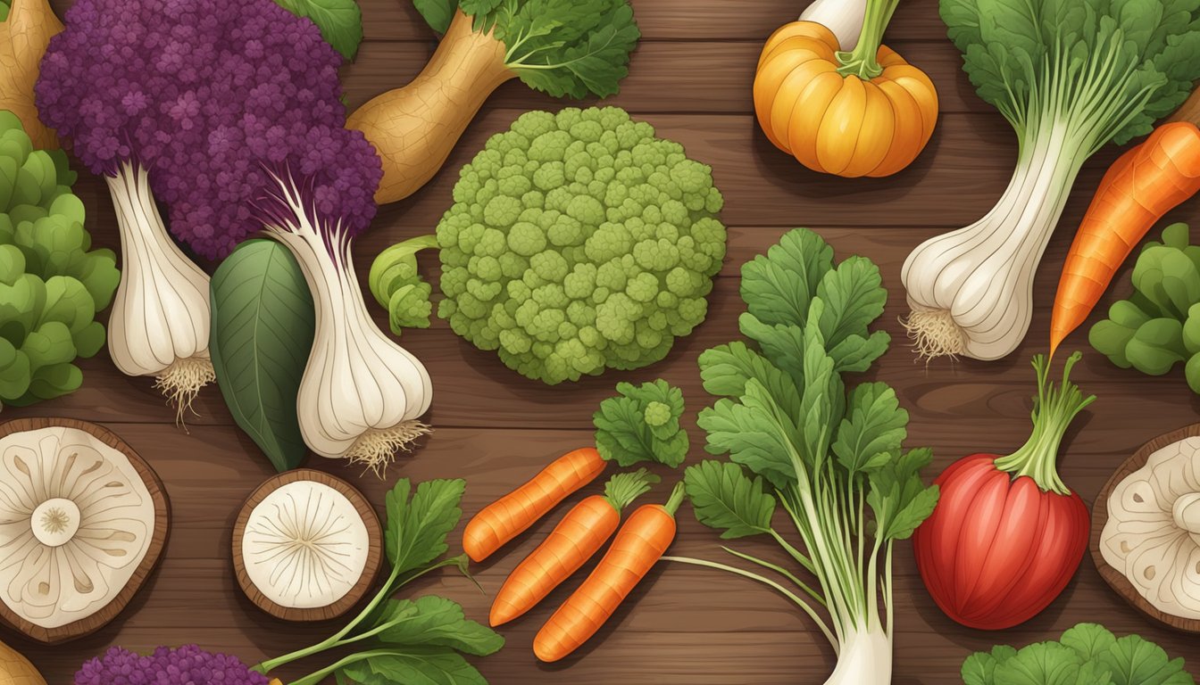 A variety of Yautia roots arranged on a wooden cutting board, surrounded by colorful vegetables and herbs