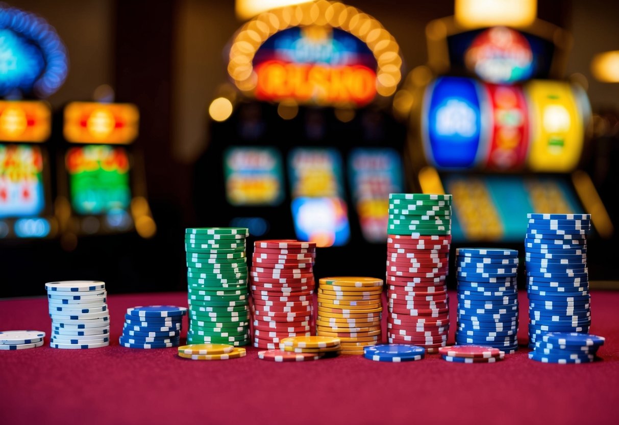 A colorful casino-themed background with spinning slot machines and stacks of casino chips