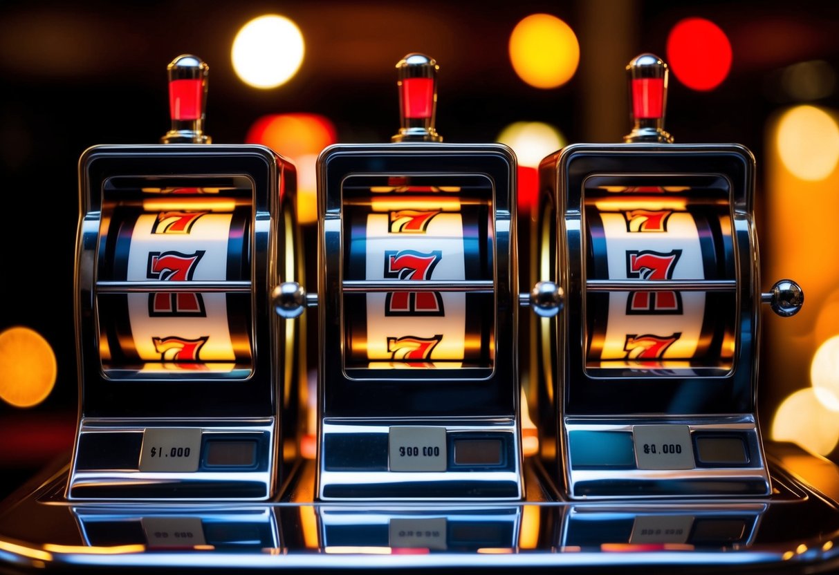 Three slot machine wheels spinning with flashing lights and sound effects