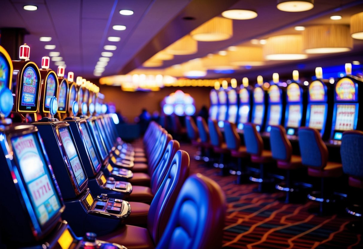 A colorful casino floor with rows of flashing slot machines and the sound of "ding ding ding" ringing through the air