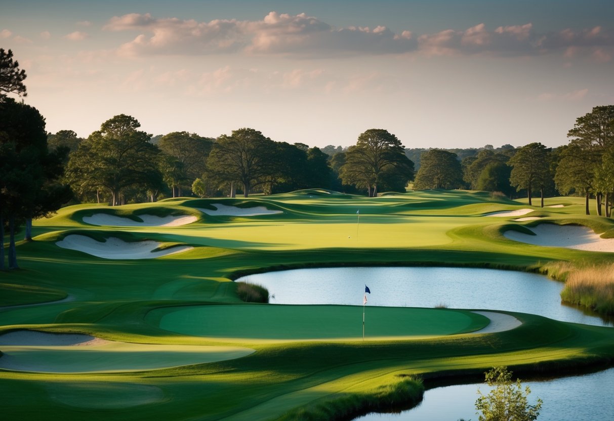 En naturskön golfbana med flera hål och frodiga gröna fairways, omgiven av träd och vattenhinder