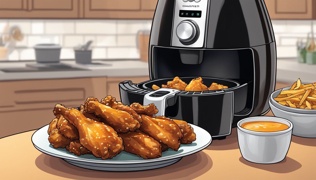 A plate of golden-brown ginger soy glazed chicken wings sits next to an air fryer, emitting steam