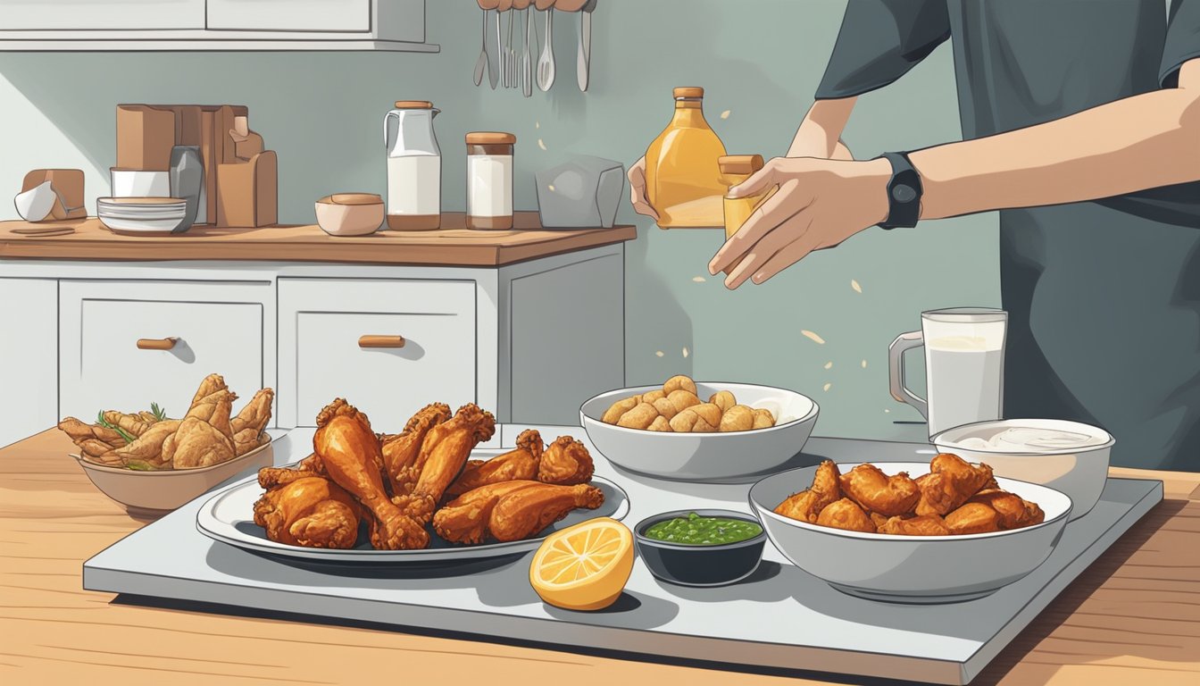 A hand reaching for fresh ginger, soy sauce, and chicken wings on a clean, well-lit kitchen counter