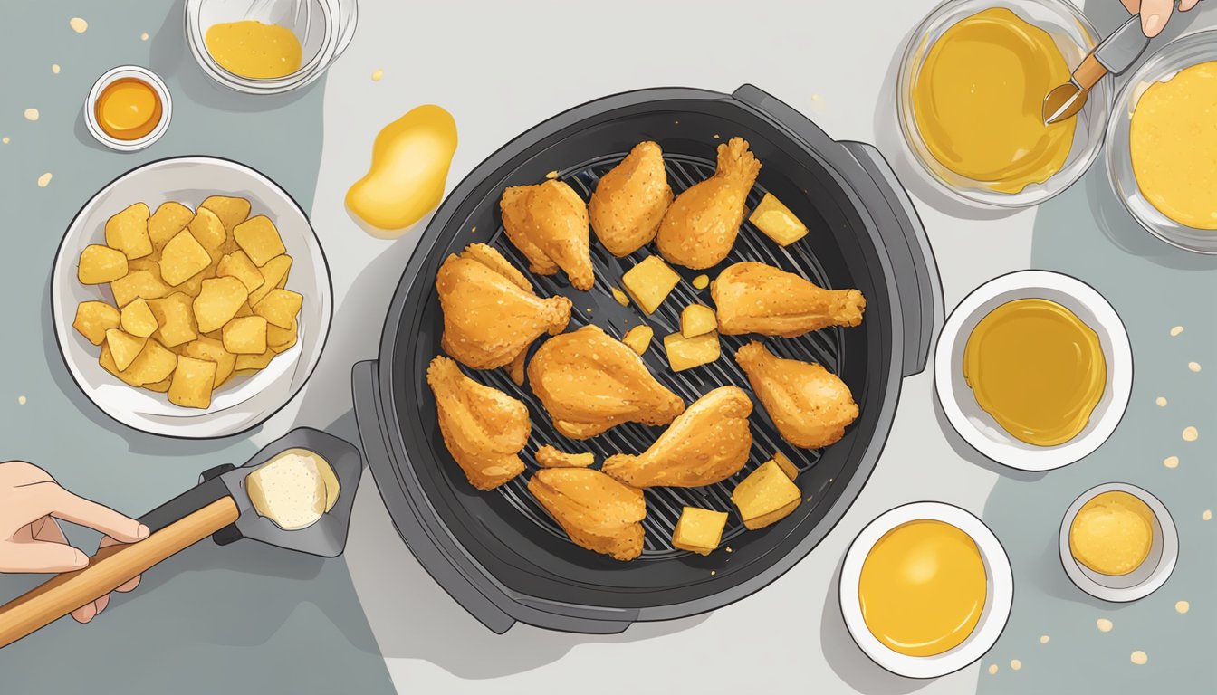 A bowl of chicken pieces being coated in a honey mustard marinade before being placed into an air fryer