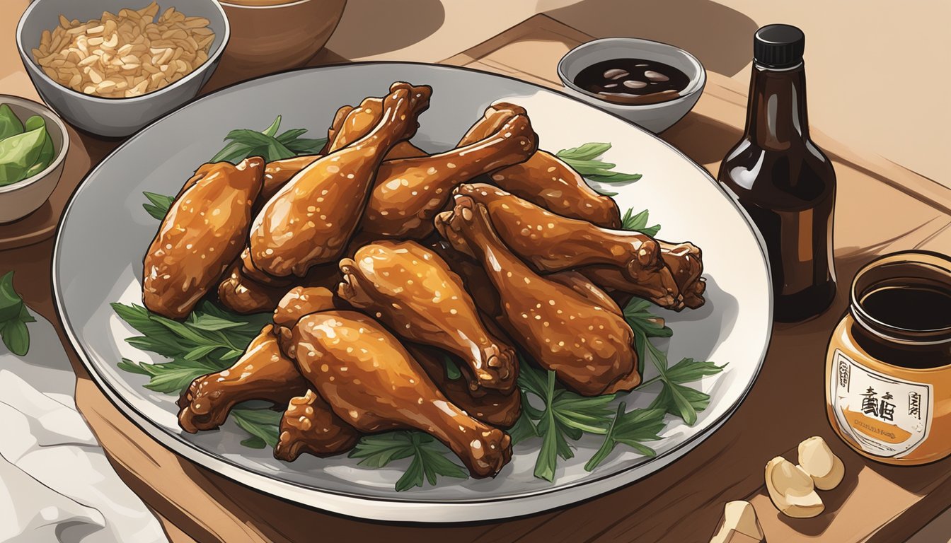 A bowl of chicken wings being marinated in ginger soy glaze, with a bottle of soy sauce and fresh ginger nearby