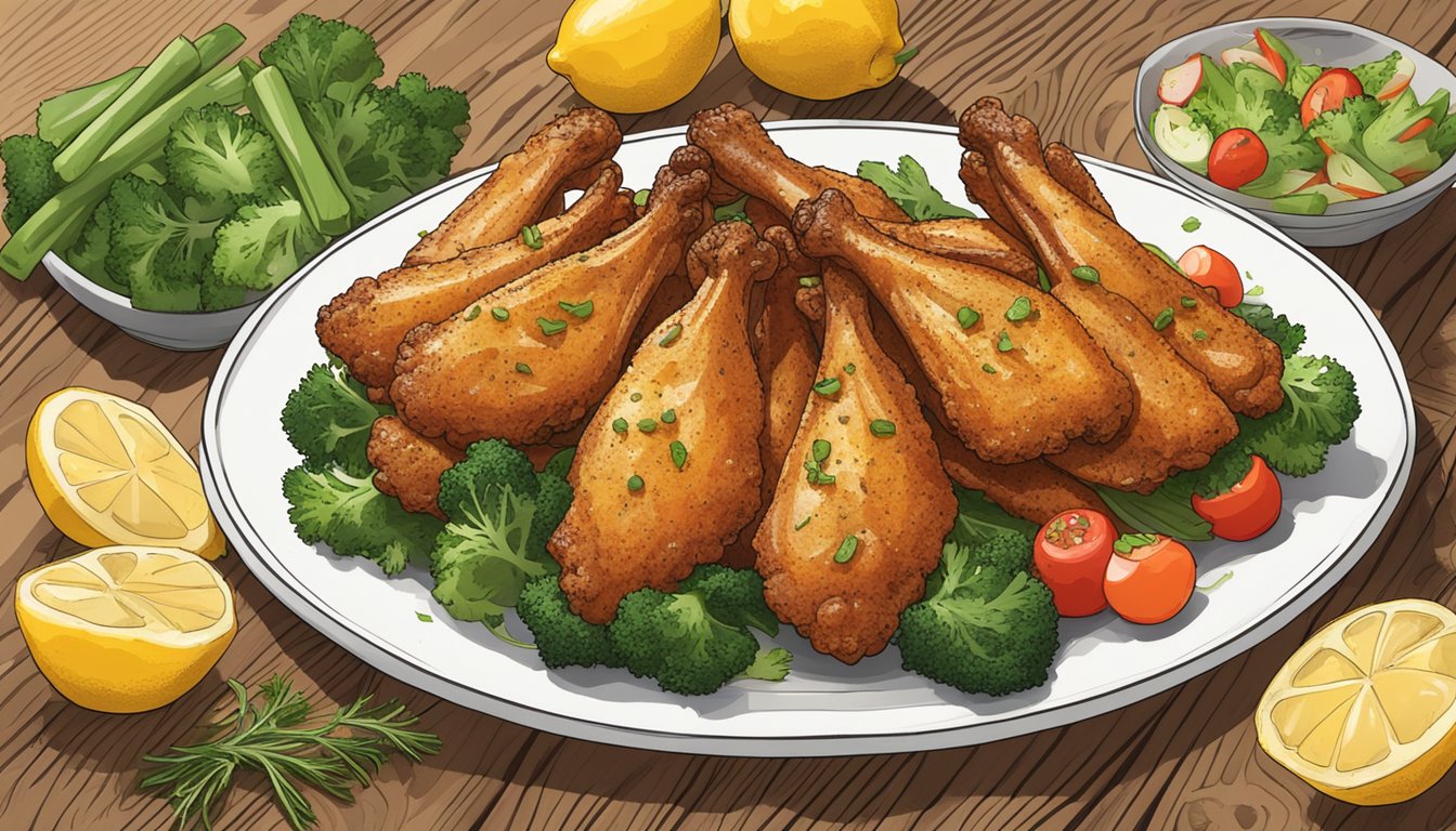 A plate of golden brown air-fried lemon pepper wings surrounded by fresh vegetables and a sprinkle of herbs on a wooden table