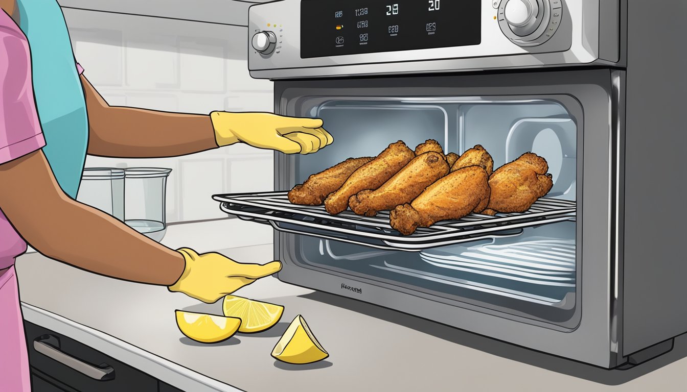 A plate of air fryer lemon pepper wings being placed into a microwave for reheating