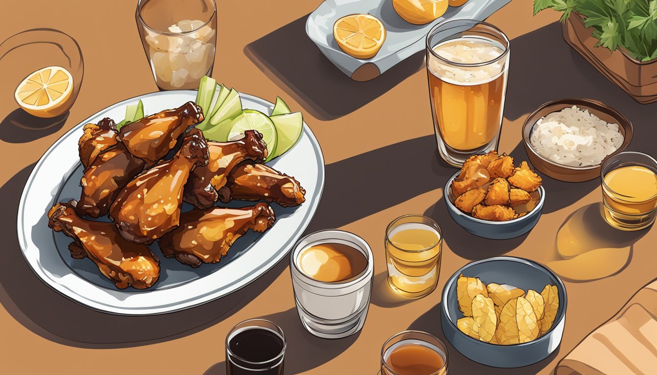 A plate of air-fried ginger soy glazed chicken wings with sides and drinks on a table