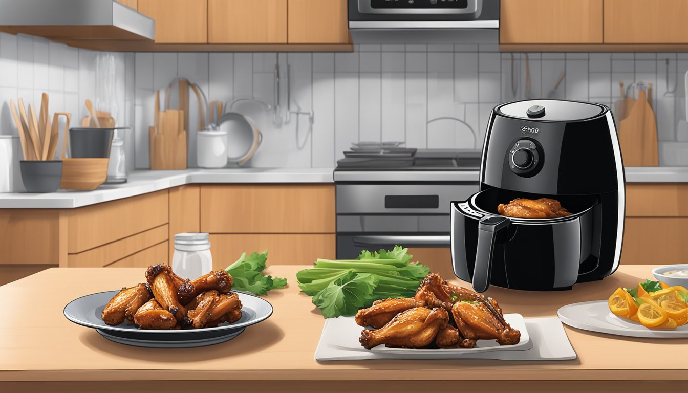 A plate of ginger soy glazed chicken wings next to an air fryer, with a clean kitchen counter and safety precautions in place