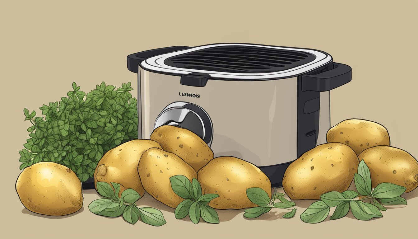 Golden potatoes surrounded by fresh herbs and sliced lemons in an air fryer basket