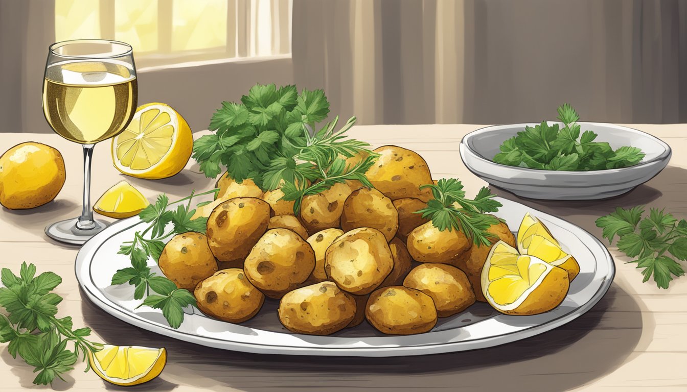 A plate of golden, crispy roasted potatoes surrounded by fresh herbs and a halved lemon, with a glass of white wine nearby