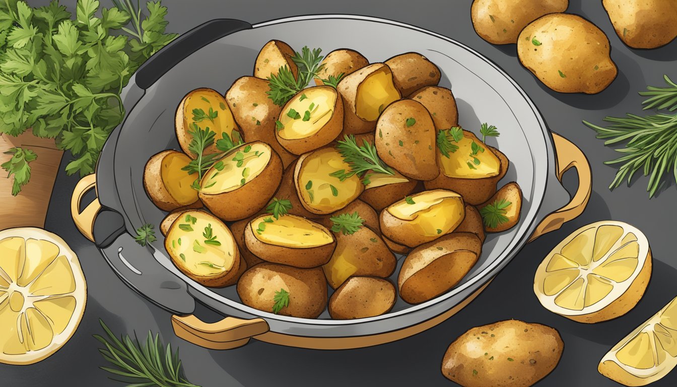 A bowl of golden, crispy roasted potatoes sits next to an air fryer, surrounded by fresh herbs and a sliced lemon