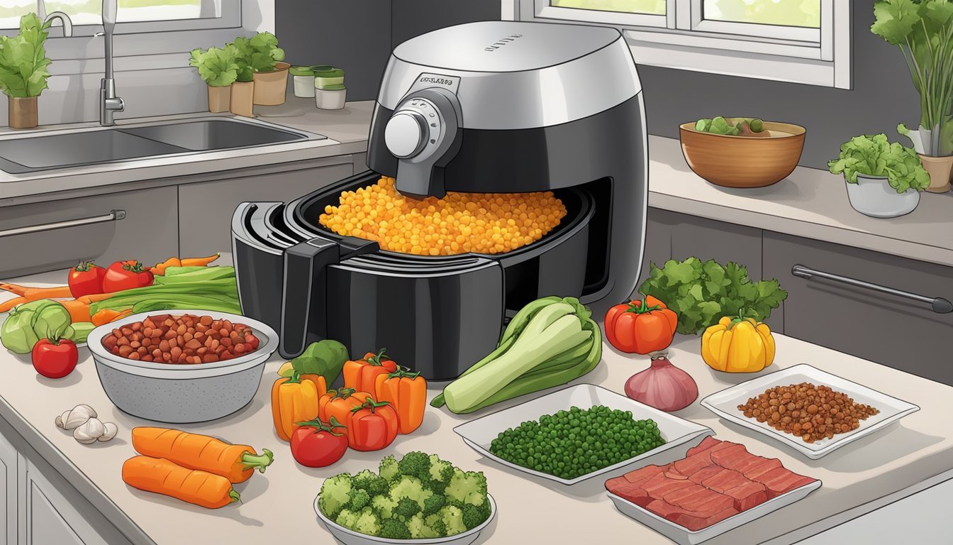 A colorful array of diced vegetables, raw meat, and spices arranged on a kitchen counter next to an air fryer