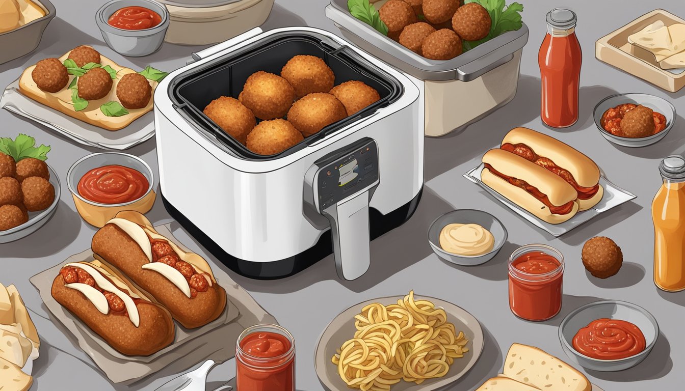 Freshly baked hoagie rolls being placed in an air fryer, surrounded by Italian meatballs and marinara sauce