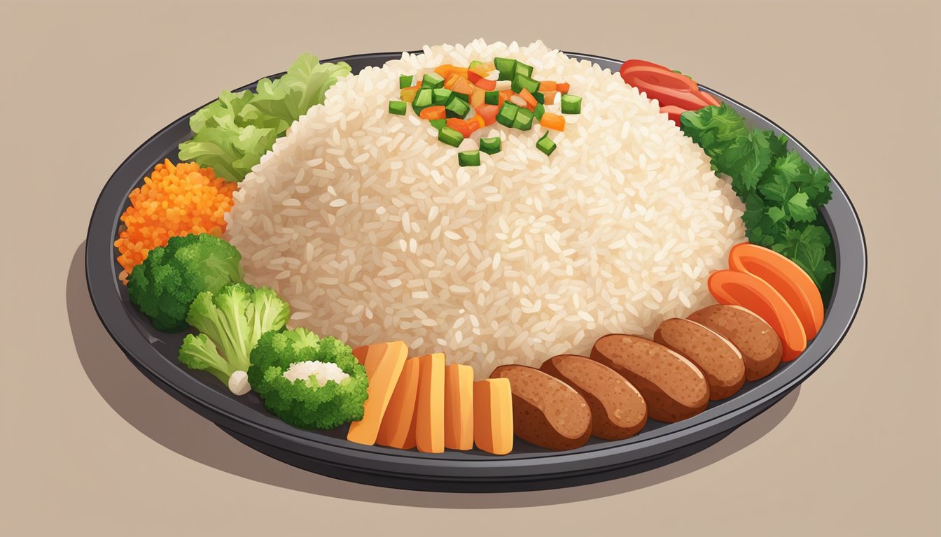 A mound of rice surrounded by diced vegetables and sausage in a sizzling air fryer