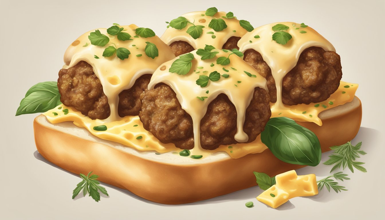 Freshly cooked meatballs and melted cheese on toasted sub rolls, surrounded by a scattering of Italian herbs and spices